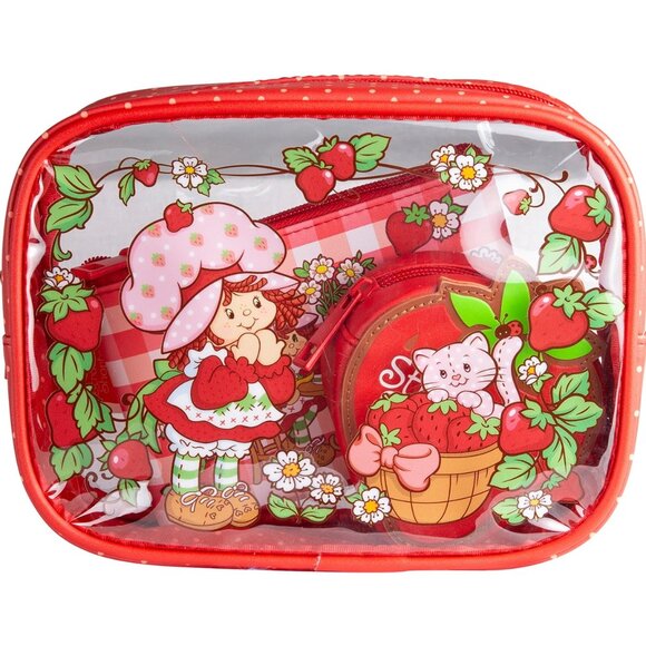 Strawberry Shortcake Cosmetic 3-Piece Zippered Bag Set Red Gingham NEW - Picture 2 of 10